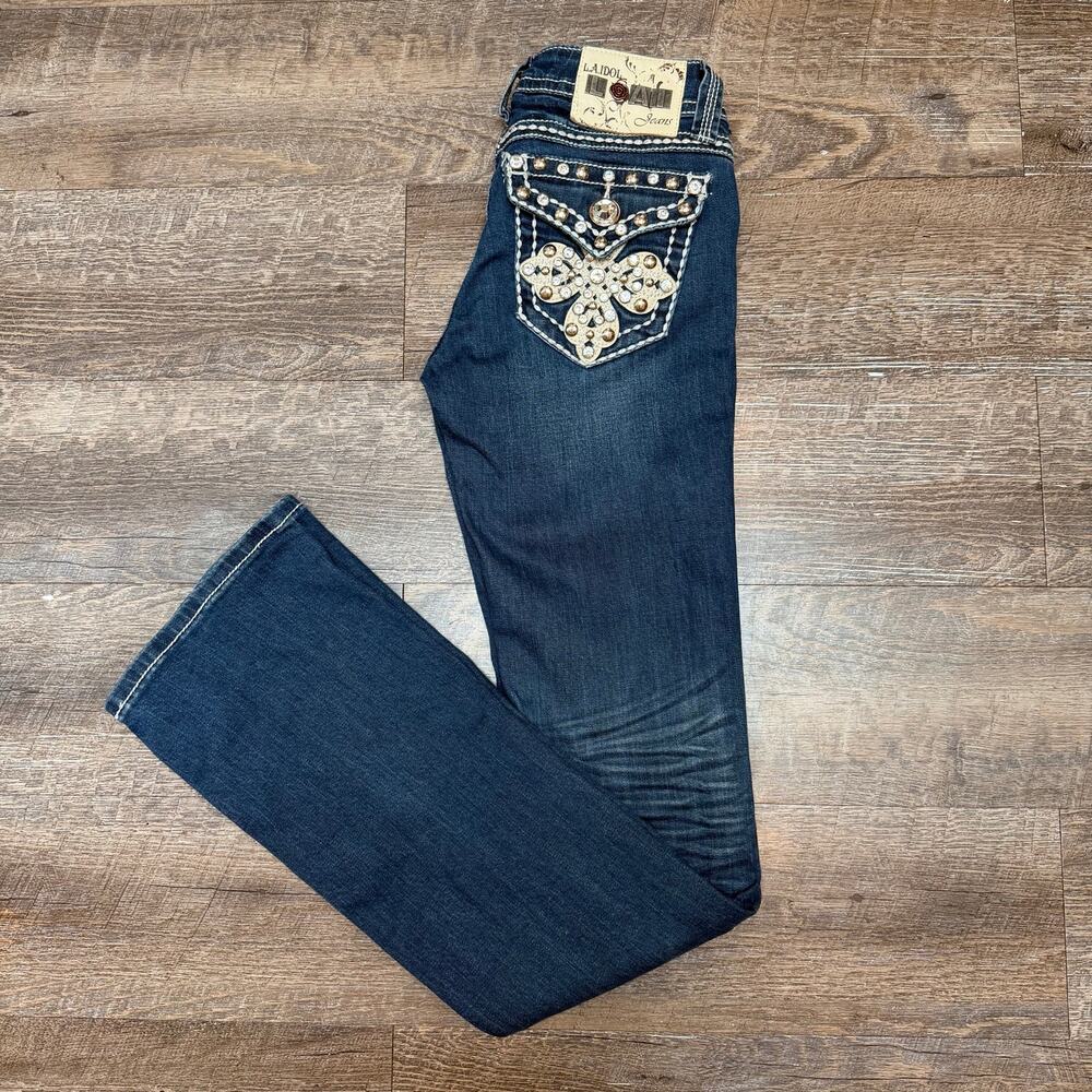LA Idol USA Bootcut Jeans Embellished Contrast Stitch Dark Wash size 26